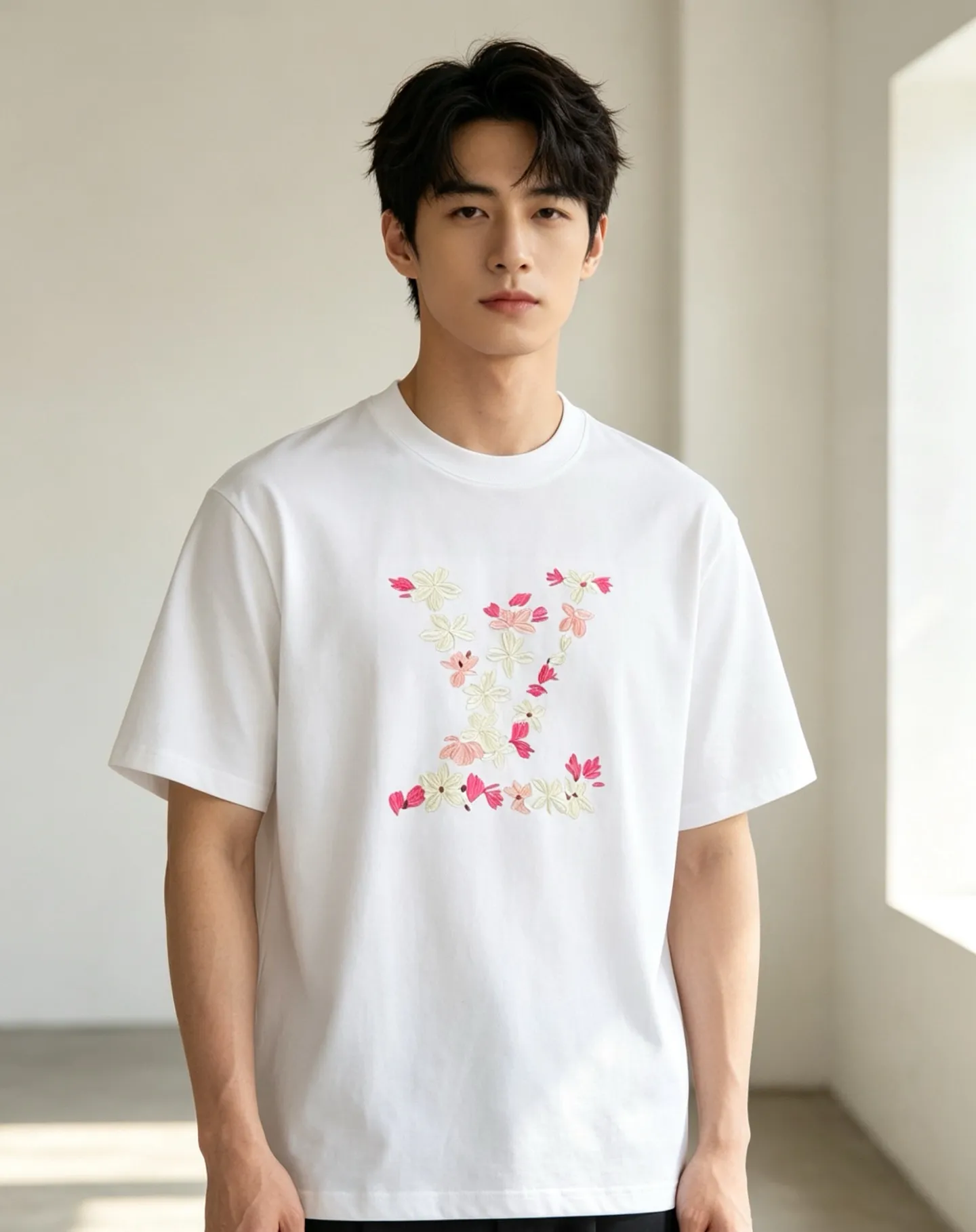 Louis Vuitton/Louis Vuitton 26ss cherry blossom embroidered LV logo short sleeves